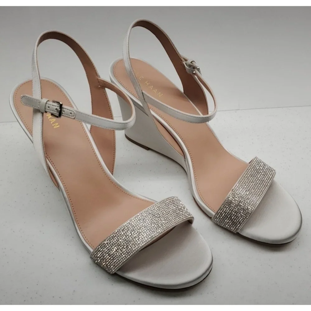 Cole Haan Josie Wedge Heel Sandals Crystal Gray‎ Satin W30331 Women's Sz 11B NEW